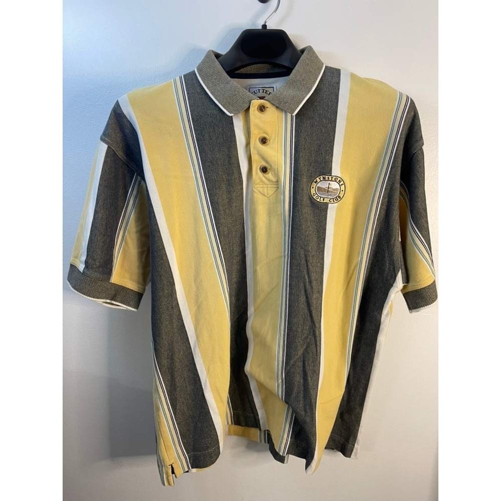 Cutter & Buck Golf Polo Shirt Mens XXL Yellow Grey Striped Golf Club Embroidered